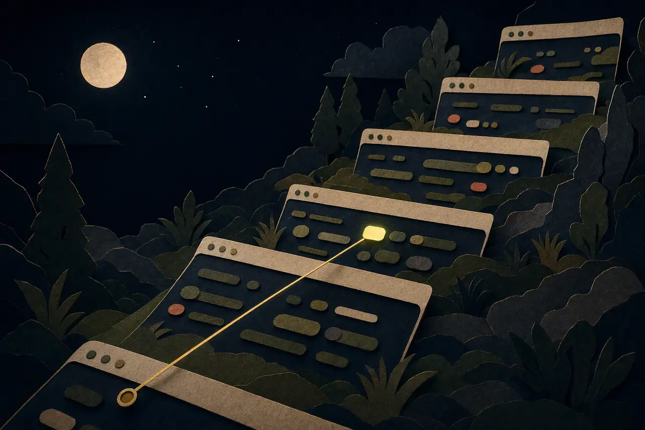 Cut-paper night garden of layered software windows, with a brass sight-line locating one glowing control
